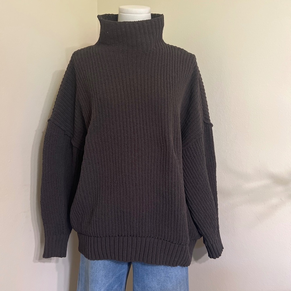 Aerie Oversized Chenille Mock Neck Sweater Dark Gray Ribbed Knit S/P